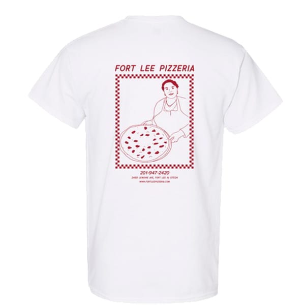 White t-shirt with red Fort Lee Pizzeria logo featuring a chef holding a pizza.