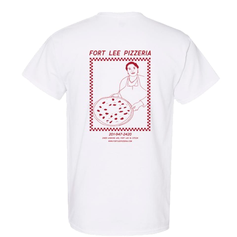 White t-shirt with red Fort Lee Pizzeria logo featuring a chef holding a pizza.