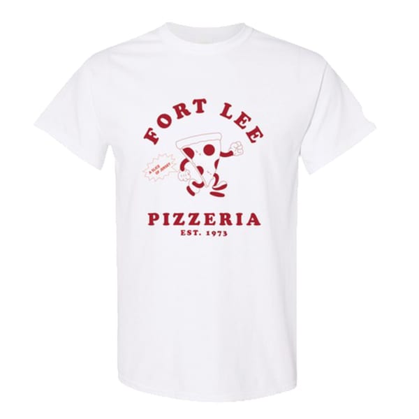 White t-shirt with red Fort Lee Pizzeria logo featuring a cartoon pizza slice.