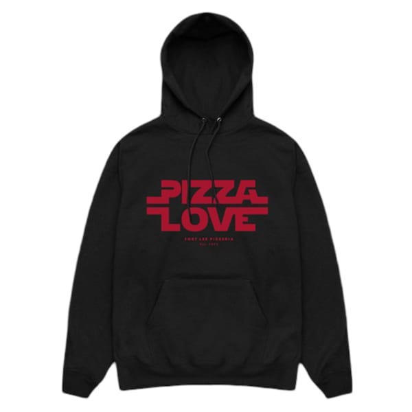 Black Fort Lee Pizzeria hoodie with "PIZZA LOVE" in red block letters.