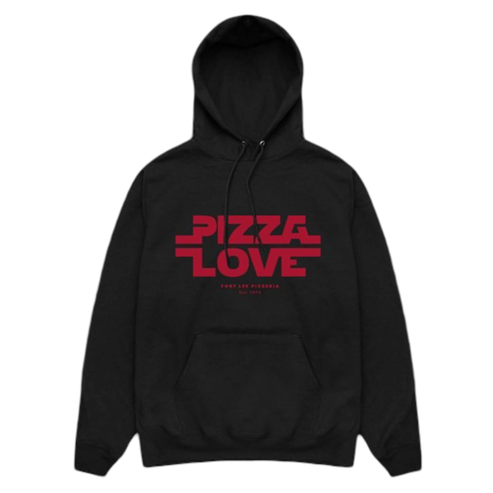 Black Fort Lee Pizzeria hoodie with "PIZZA LOVE" in red block letters.