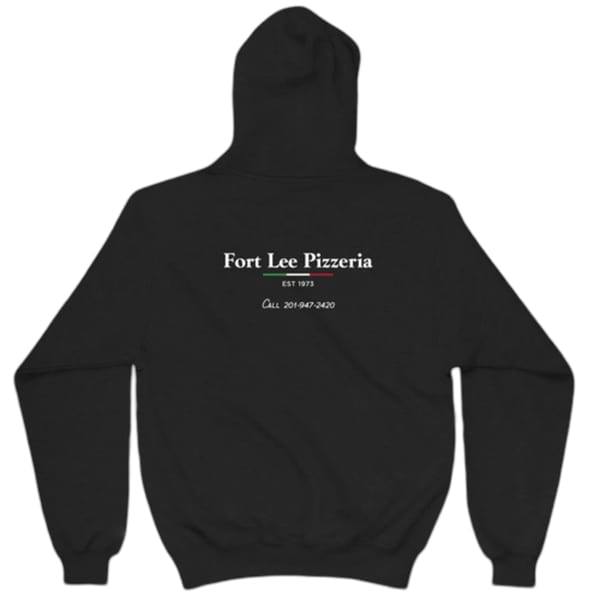 Back of a black Fort Lee Pizzeria hoodie with white text and an Italian flag stripe.