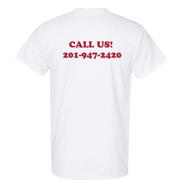 Back of a white t-shirt with "CALL US! 201-947-2420" printed in red.