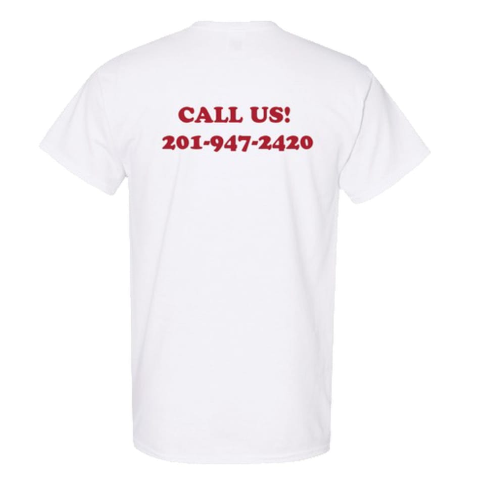 Back of a white t-shirt with "CALL US! 201-947-2420" printed in red.