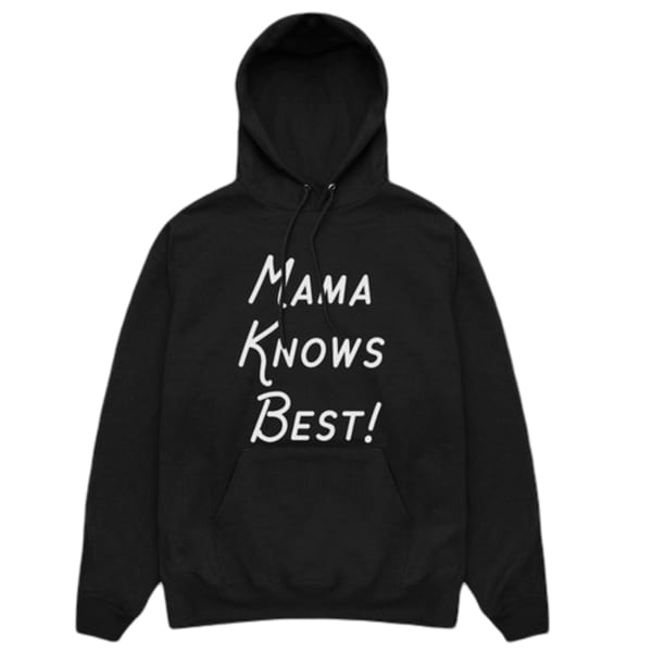 Black hoodie with the white text "Mama Knows Best!" on the front.
